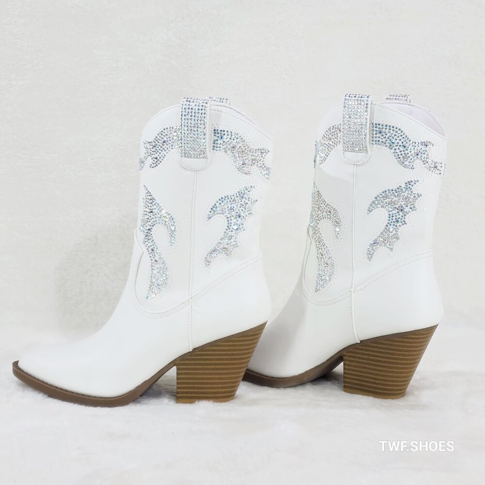 Patty White Multi Sparkle Rhinestones Country Glam Western Cowgirl Ankle Boots